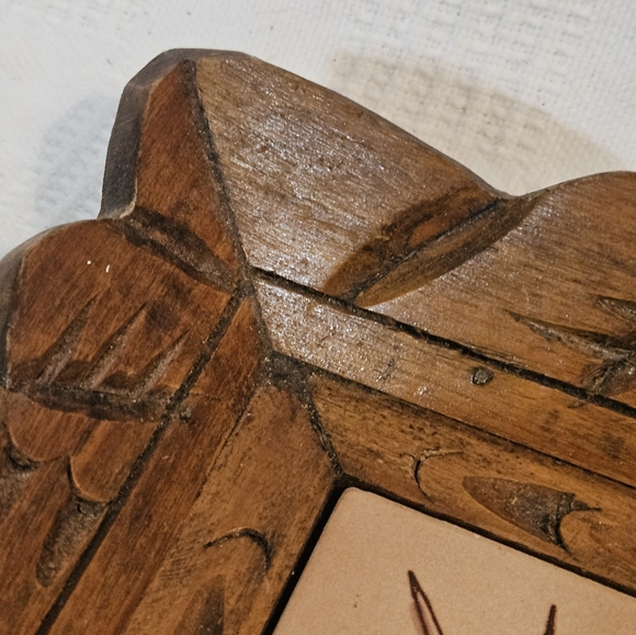 Wood Ceramic Tile Bowl Square Carved Fruit Centerpiece w/ Handles Circa 80's - Picture 8 of 11